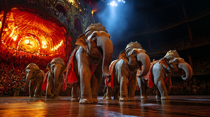 A group of circus animals, like elephants and lions, performing tricks under the big top