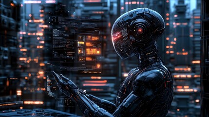 Robot views data in futuristic cityscape