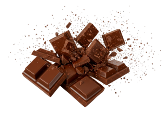 Chocolate explosion, pieces shattering on transparent background