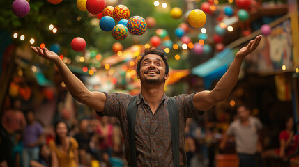 A juggler tossing colorful balls into the air, with a lively audience in the background