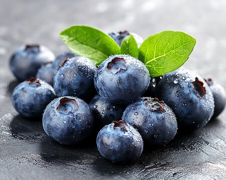 Fresh blueberries image with green leaves and water drops