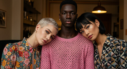 Diverse group of three friends sharing an intimate moment indoors, expressing deep emotions.