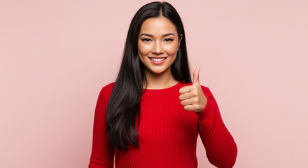 Cheerful woman in a red sweater pointing at her smile with both hands, standing against a pastel pink background.
