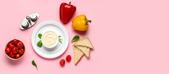 Composition with processed cheese, toasted bread and vegetables on pink background with space for text, top view