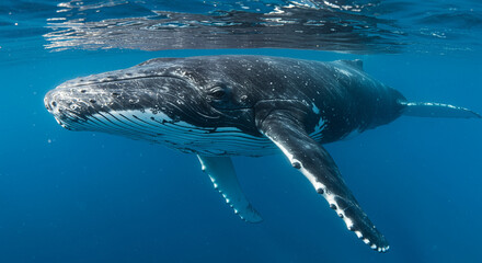 Majestic humpback whales swimming gracefully in the deep blue ocean.