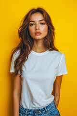 Fototapeta premium A woman wearing a white t-shirt and jeans poses for a picture