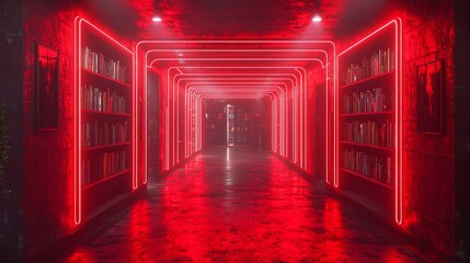Fototapeta premium Red neon-lit corridor with bookshelves.