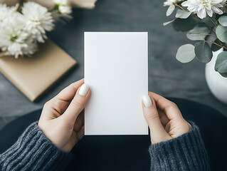 wedding card mockup, invitation card mockup, birthday card mockup, thank you card mockup, white blank paper card mockup held by a woman, flower vase and black table background