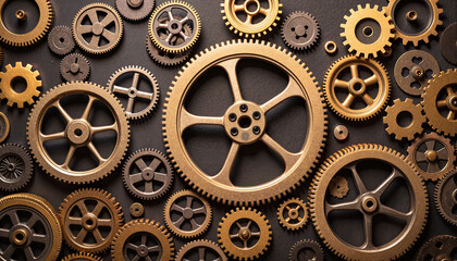 Fototapeta premium Steampunk iron gears in intricate assembly, mechanical artistry