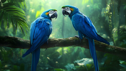 Obraz premium Two blue macaw parrots sitting on a tree branch in the jungle 