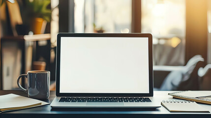 Desk with Laptop: A blank-screen laptop on a stylish desk, complemented by a notebook and a coffee mug, creating a professional work environment