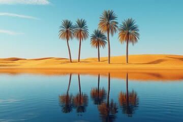 Fototapeta premium Desert Oasis Reflection: A stunning visual of a desert oasis, with palm trees mirrored in the tranquil waters, against a backdrop of rolling sand dunes under a clear, sunny sky.