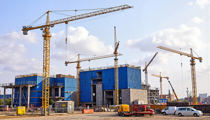 Busy construction site with cranes and blue buildings, industrial development