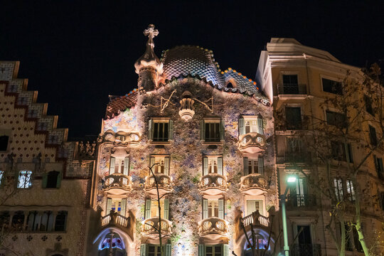 Barcelona, ​​Spain - February 4, 2025: Night (evening) View of Casa Batll&oacute; - Antoni Gaudi.
