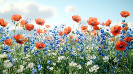 Fototapeta premium Poppies, other flowers bloom in meadow under clear sky, bright and cheerful