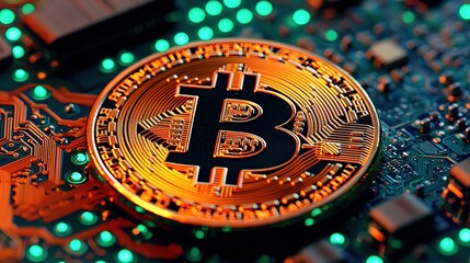 Closeup of glowing bitcoin coin symbol digital circuit board cryptocurrency concept tech environment macro view