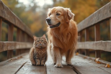 Loyal Companions: A golden retriever and a tabby cat share a serene moment on a wooden bridge, set against a backdrop of autumn foliage.