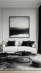 Modern minimalist living room design showcasing monochrome artwork and elegant furnishings