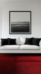Modern living room with black and white artwork and vibrant red carpet in minimalist design