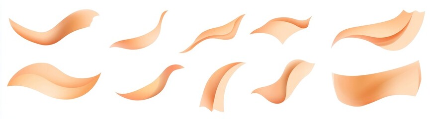 Fototapeta premium Twenty-four orange paper sheets are flying and waving in the wind, arranged in a set of curled icons