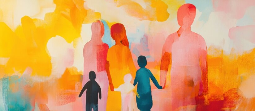 Abstract Illustration of Family Walking Together Against Vibrant Background