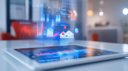 Data visualization action on tablet modern office digital content urban environment close-up view technology concept