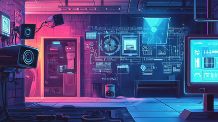 Obraz premium Smart Home Security System: Illustration of a smart home security system with surveillance cameras, motion sensors, and alarms being monitored and controlled through a digital interface