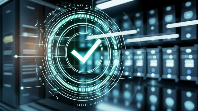 Modern data center with digital verification interface and secure server environment in action