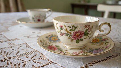 A delicate hand-painted porcelain cup and saucer set displayed elegantly on a table for tea time