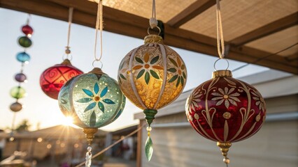 Beautifully crafted christmas ornaments hanging from a wooden structure with glimmering glass finish
