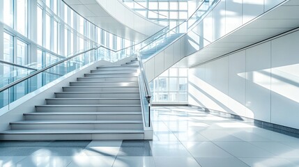 Fototapeta premium Stairs ascend in bright, modern building; natural light streams through windows