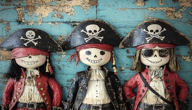 Pirate Dolls on Faded Turquoise Wood
