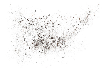Dirt, soil pile flying isolated on white background