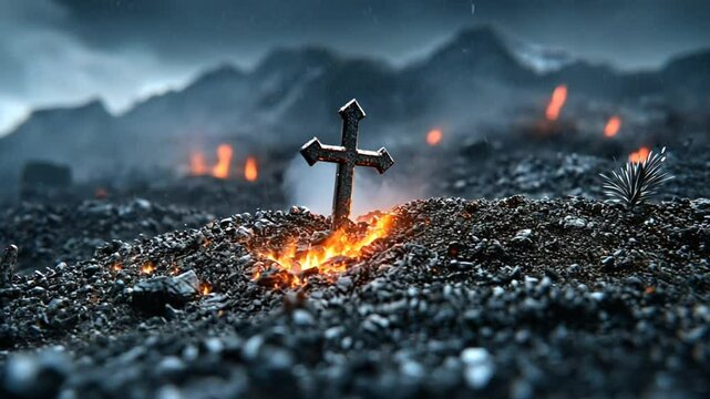 Gravestone emerges from volcanic landscape during dark and stormy atmosphere in a mystical setting