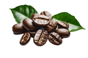 Fresh roasted coffee beans with leaves, isolated on white background png transparent clipart.