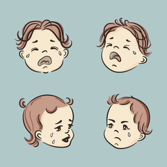 Crying baby vector illustration. Set of sad kids, faces of babies