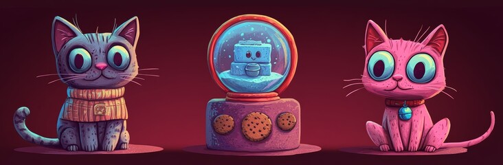 The scene is set with Christmas cats in warm winter settings, including an amusing kitten enjoying milk and cookies, a lovely feline next to a snow globe containing a snowman, and a disgruntled pet