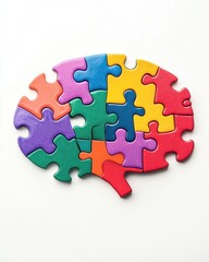 Colorful Puzzle Pieces Forming a Brain Design on White Background