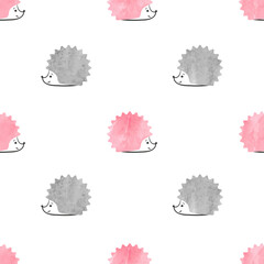 Seamless watercolor cute hedgehog pattern. Polka dot childish print