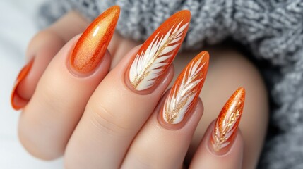 Orange & Gold Feather Nail Art on Hand