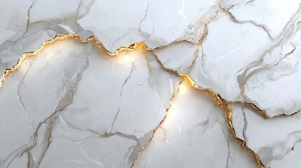 Fototapeta premium White marble slab features a golden vein running across the surface. Close-up
