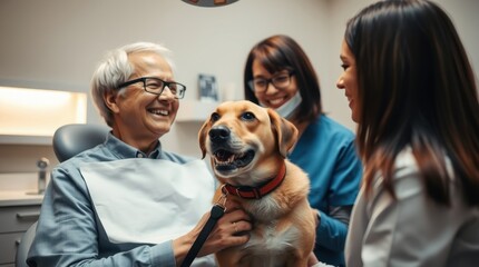 Elderly man enjoys time with his happy dog at a cheerful veterinary clinic with caring staff members around