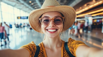 Happy traveler taking selfie at busy airport terminal capturing joyful moments travel vibes bright environment close-up