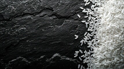 Obraz premium White rice grains spilling on dark textured stone surface, abstract background