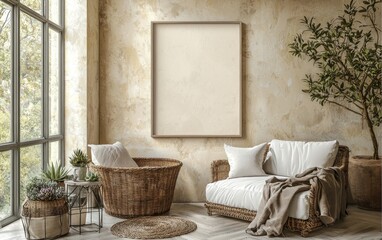 Blank poster mockup in a rustic living room with wicker furniture, plants, and large window.