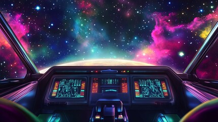 Synthwave Spaceship Cockpit: Cosmic Nebula and Planet View