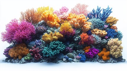 Fototapeta premium Vibrant coral reef ecosystem with various colorful corals and rocks.