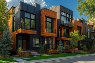 Naklejka premium Contemporary residential townhouses with black and wood facades bring a touch of modern style to urban living, offering comfort and sophistication