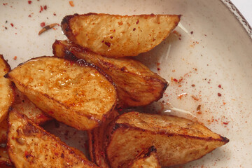 The image shows a plate of crispy, golden-brown potato wedges. 