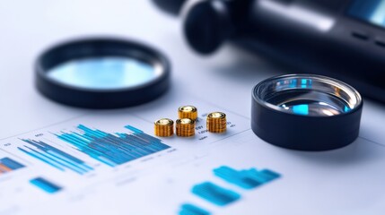 Analyzing financial data with magnifying glass office desk business insights professional environment close-up view economic trends